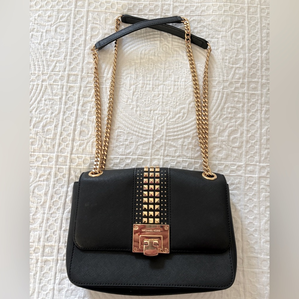 Michael Kors Black and Gold Crossbody Bag with Chain Strap and Studded Detail